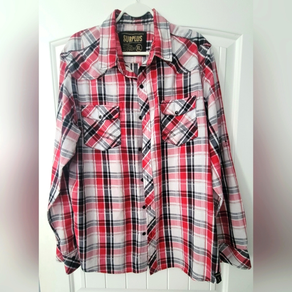 Red and Black Long Sleeve Tee with Plaid Design